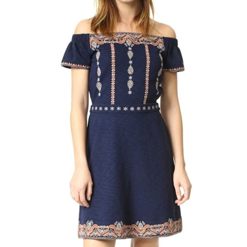 Tory Burch Nell Embroidered Navy Blue Off the Shoulder Fit and Flare Dress XS